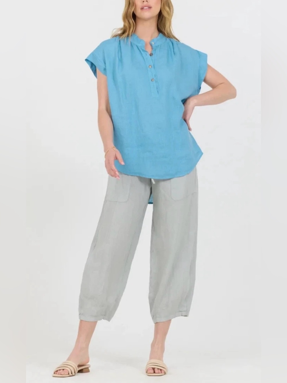 Fresh Laundry women's Drawstring Capri Pants Euc Gray 100% Linen size M $198